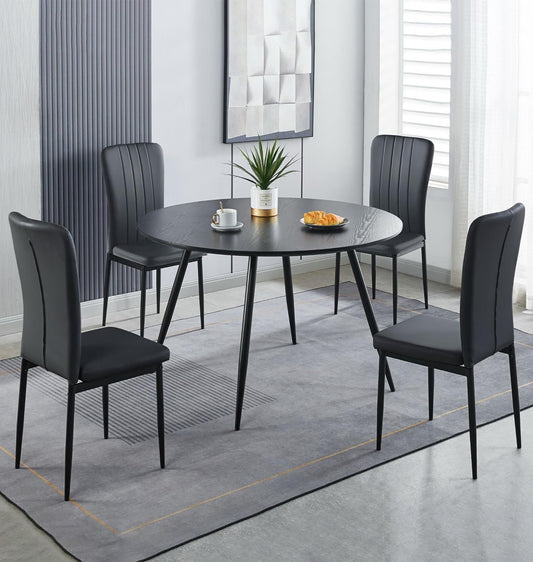 Hallowood Furniture Cullompton Round Black Dining Table and Chairs Set 4, Modern Table and Chairs Set 4 with Black Faux Leather High Back Seats, Ideal