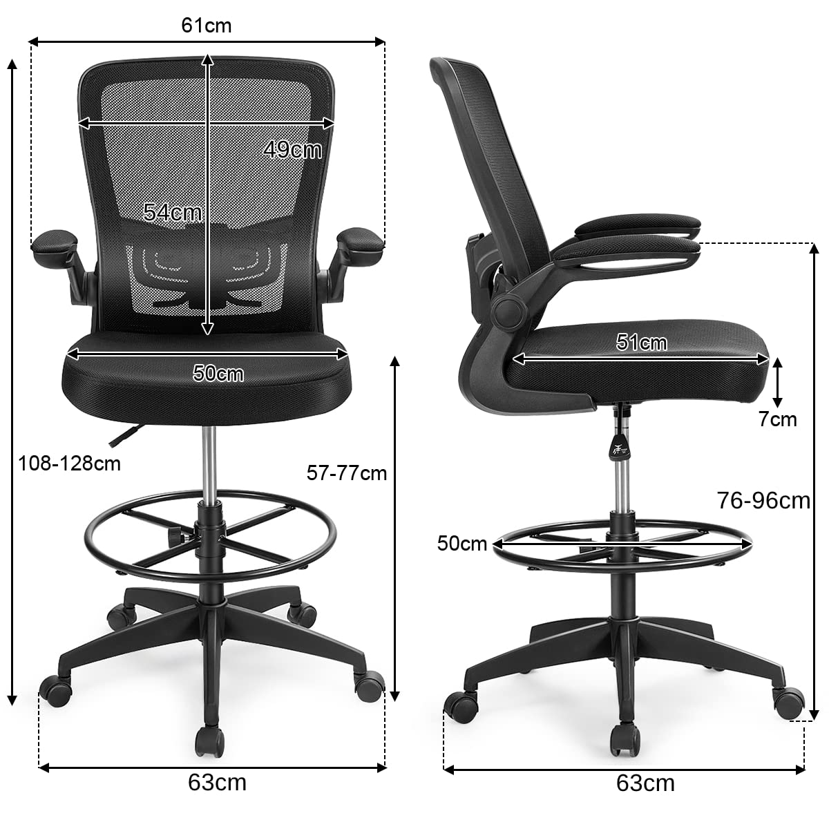 CASART Mesh Drafting Chair, Ergonomic Office Chair with Lumbar Support & Flip-up Armrests, Height Adjustable Rolling Desk Chair for Home Office