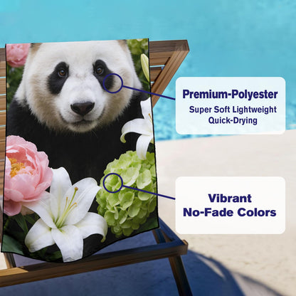 Violetpos Panda in Peonies & Lilies Beach Towel, Extra Large 180x90 cm 250GSM Microfibre, Sand Free Quick Dry