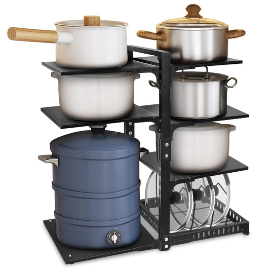 CASONNIK 6+1-Tier Adjustable Heavy Duty Pan Organizer Rack for Cabinet, Black Carbon Steel Kitchen Cookware Organizer