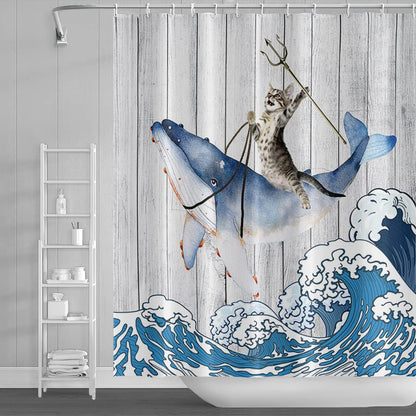 SDOTPMT 180x180cm Funny Cat Riding Whale Shower Curtain Vintage Wood Floor Japanese Sea Ocean Wave Bath Curtain Cute Cartoon Bathtub Curtain for