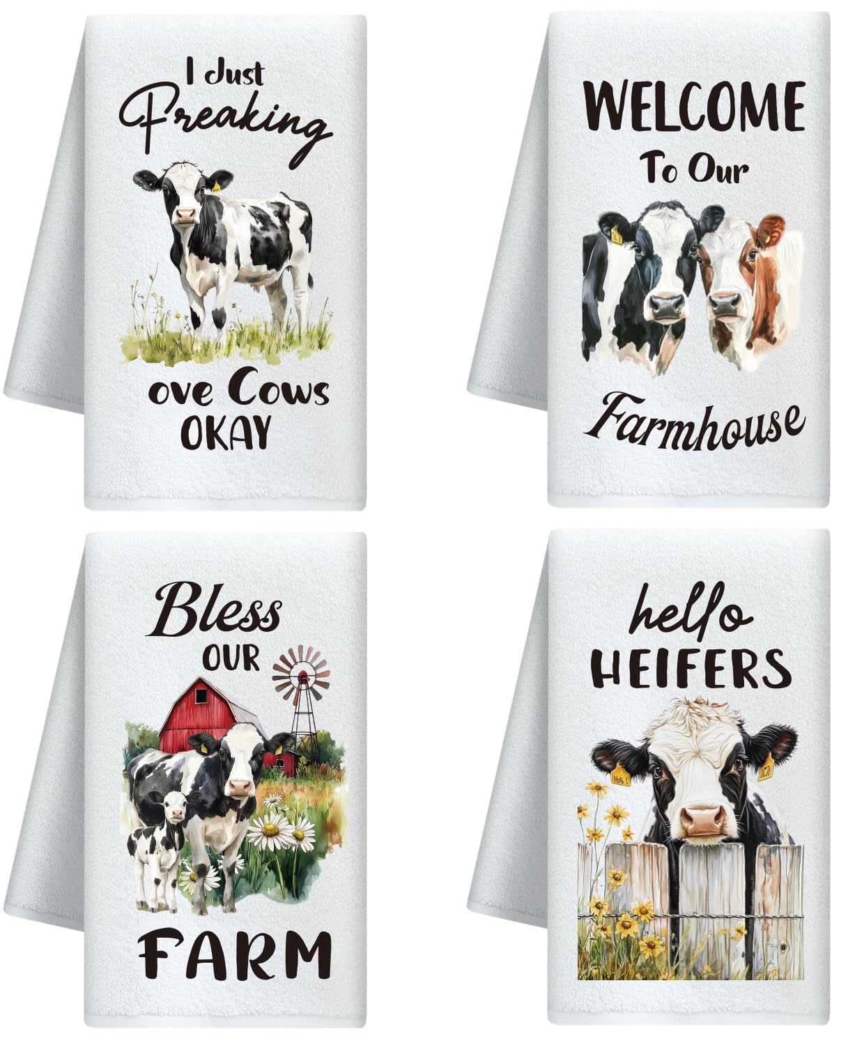 CUTHOLLOW Farm and Cow Decorative Kitchen Towels Set of 4, 60x40cm Soft & Absorbent Microfiber Dish Towel for Tea Coffee Bar Home, Best Gift for