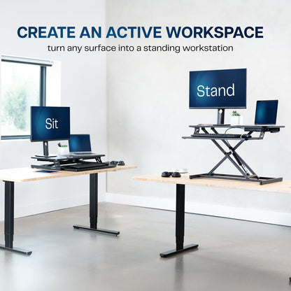 VIVO Desk Riser 80 cm Standing Converter with Quick Pneumatic Spring, Economic Height Adjustable Sit Stand Dual Monitor and Laptop Workstation, Black