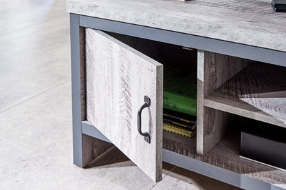 GFW Boston Grey Wood Effect TV Cabinet, 2 Door TV Unit with Open Media Shelf, Industrial Entertainment Stand for Living Room