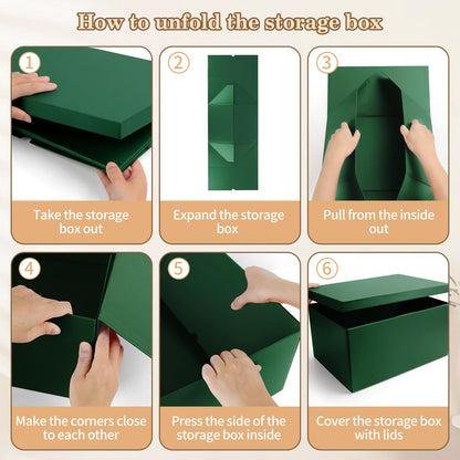 KISPATTI Storage Box, Green Storage Boxes with Lids 38 x 28 x 19 cm Large Storage Box with Ribbon Cardboard Storage Boxes for Home Bedroom Living
