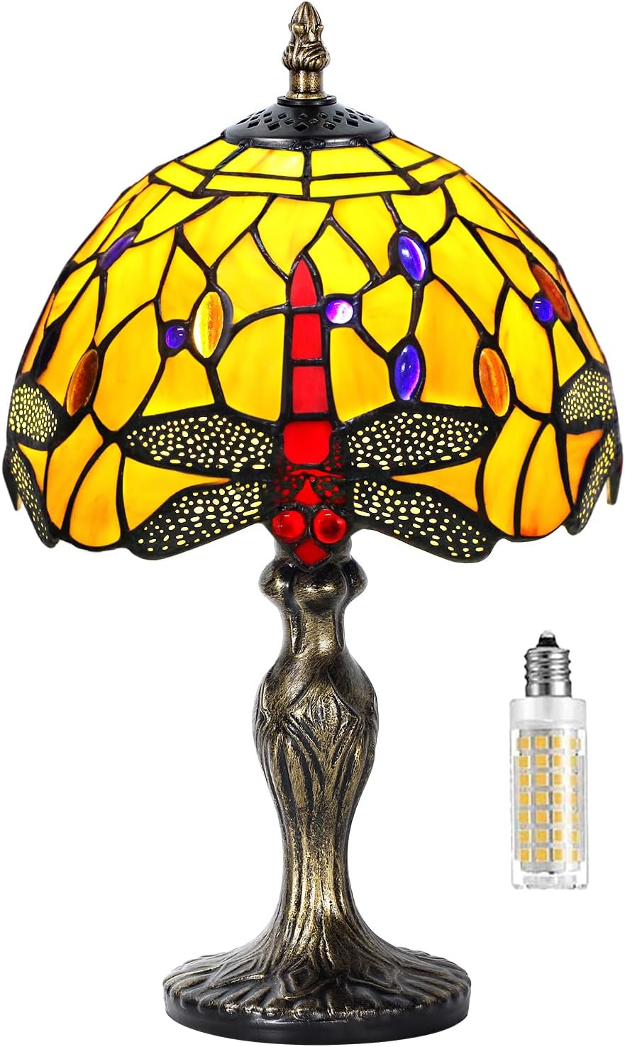 MIAOKE Table Lamp Stained Glass Crystal Bead Style Table Light, Handmade Desk Bedside Table Night Lamp, Antique Art Craft Gifts Lover Kid Living Room Study Bookcase Desk Ligh(Orange Dragonfly)