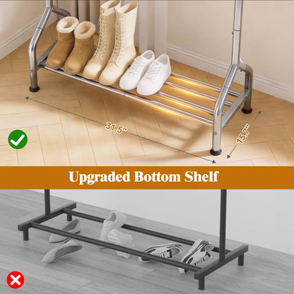 EAGMAK Metal Clothes Rail with Shelf for Hanging Clothes, Sturdy Freestanding Clothes Hanging Rail for Wardrobe & Bedroom Clothing Storage, Silver