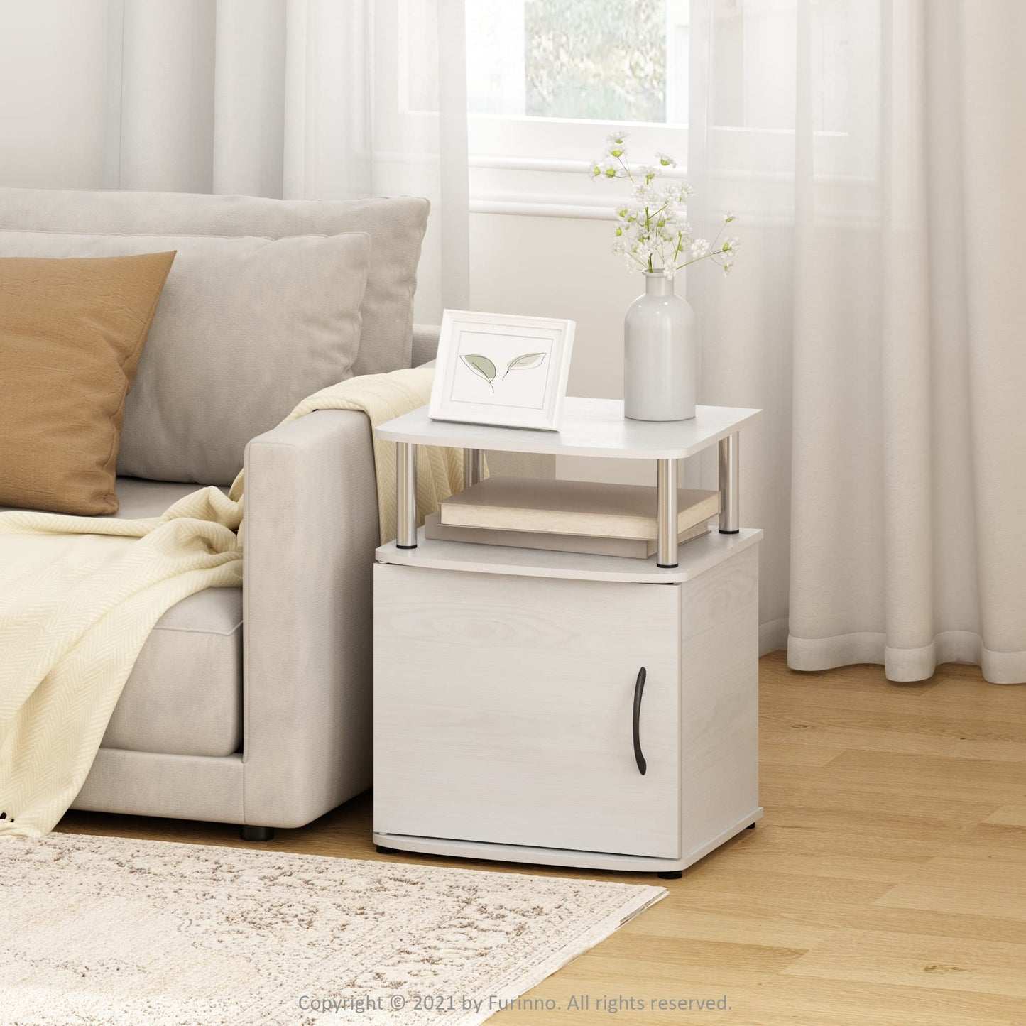 Furinno JAYA Side Table Set of 2, 2-Tier Open Shelf End Table with Door Cabinet, Soft-edges Night Stand, Bedside Table, for Living Room, Bedroom