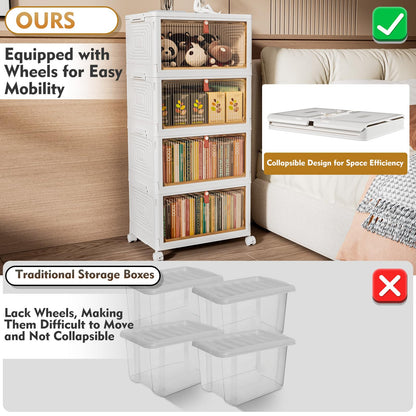TidyTrove Storage Boxes with Lid, Plastic Storage Boxes with 1 Lid 23L/Tier, 4-Tier Stackable Bins with Wheels, Folding StorageBins, Storage Organizer