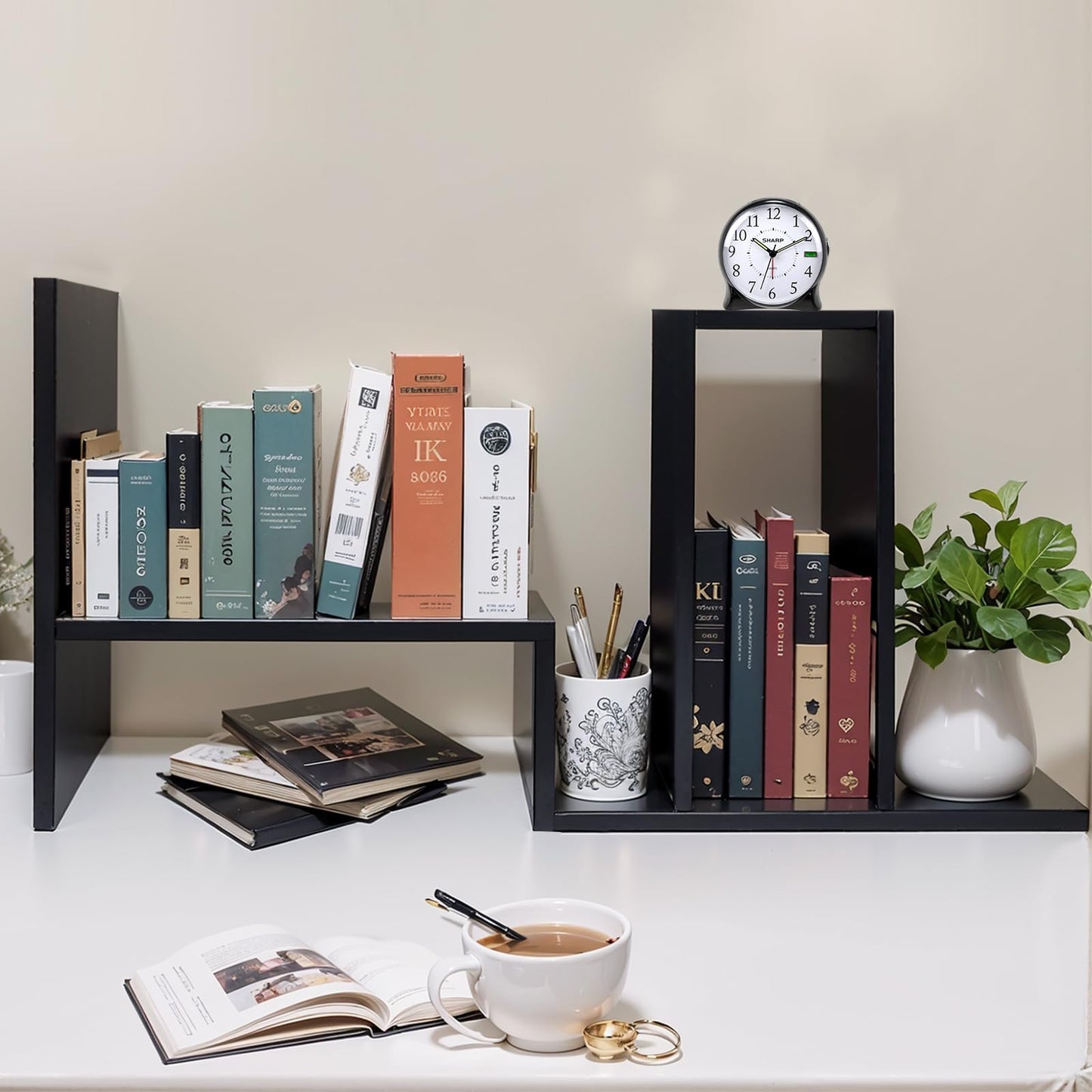 Wooden Desk Shelf, Adjustable Desktop Bookshelf, Small Black Bookcase