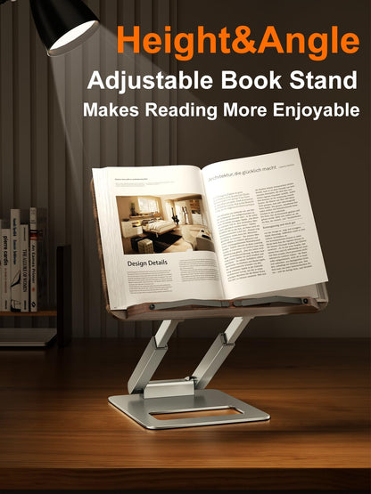 tounee Book Stand, Adjustable Metal Wood, Silver for Recipe, Music Scores, Tablet, Laptop