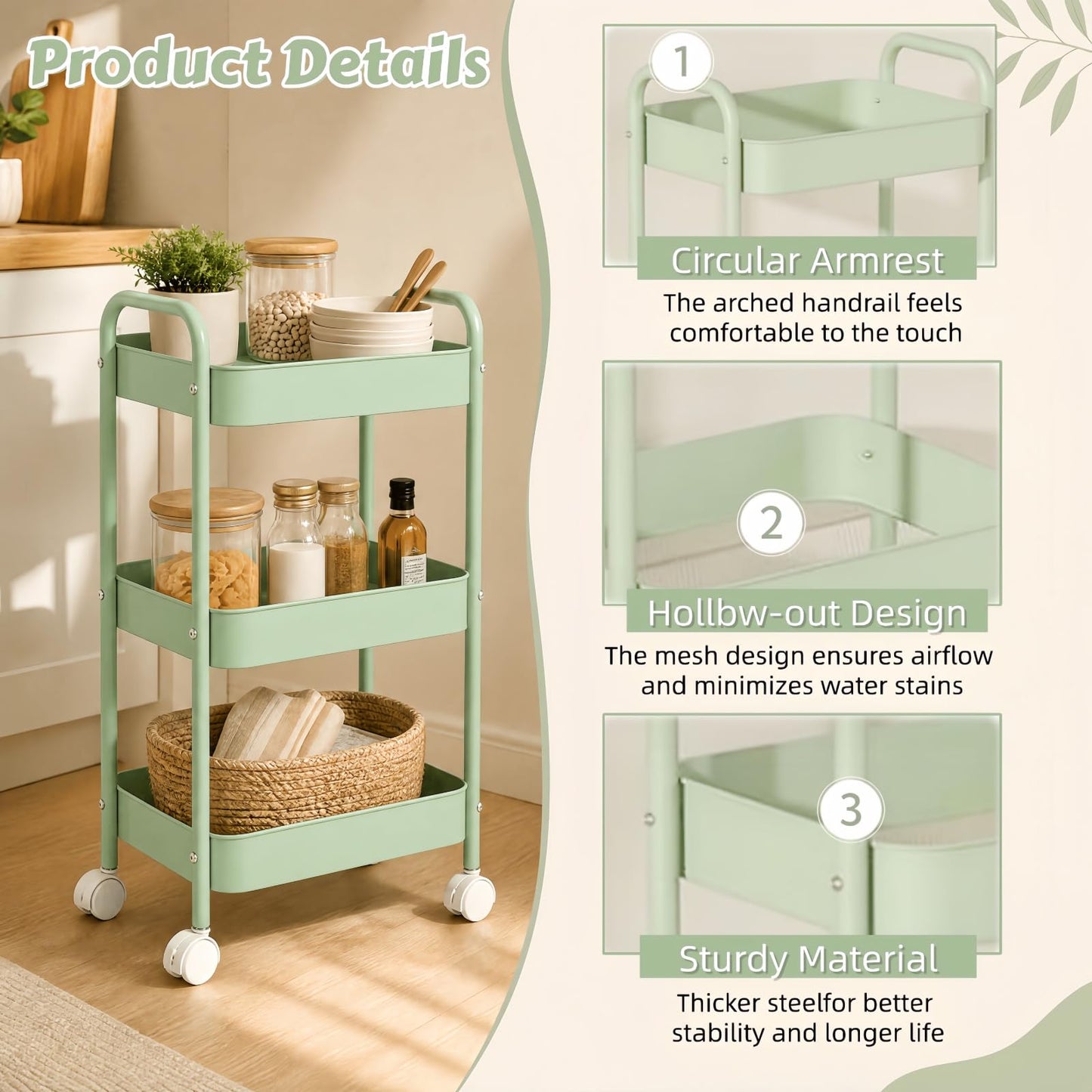 Siocok 3 Tier Metal Storage Trolley on Wheels, Storage Cart, Rolling Utility Cart, Easy Assembly for Home Kitchen, Bathroom Laundry and Office (Green)