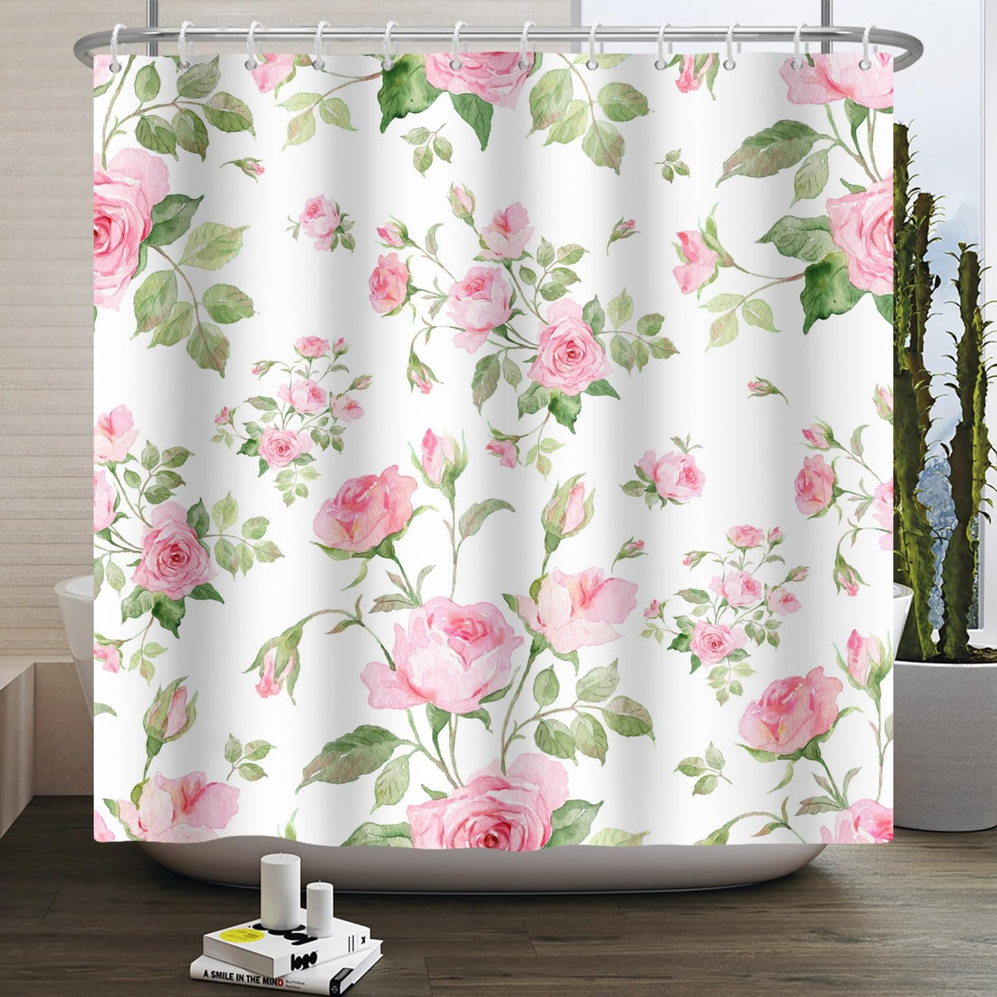 Kzzfqxb 105x160cm Floral Shower Curtains with Plastic Hooks, Bunches of Flowers Blooming Pink Roses with Green Leaves Waterproof Polyester Fabric for