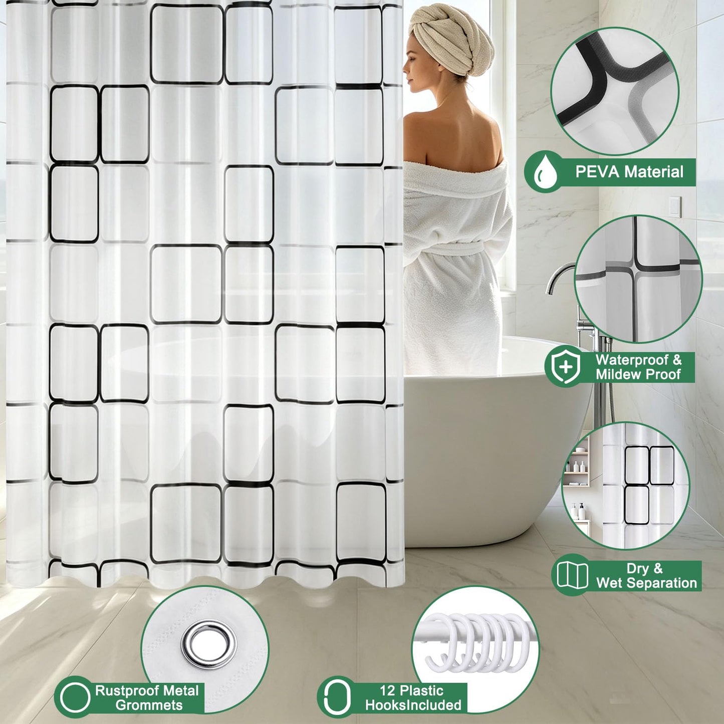 Vllcsla Shower Curtains Mould Proof Resistant 180 200 220 240 cm, 200x240 cm, Extra Long Bathtub Curtains 240 Drop Black and White