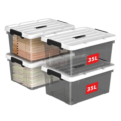 Cetomo 35L*4 Storage Boxes, Carry Plastic Storage Box with Lids, Organizing Container with Handle and Secure Latching Buckles, Stackable, Nestable