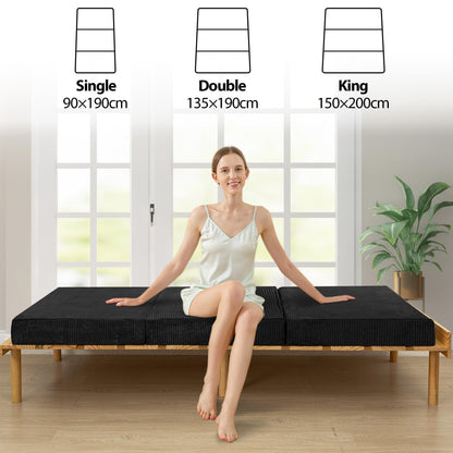 MAXYOYO Folding Corduroy Mattress, Tri Fold Floor Mattress 15cm thick with Washable Cover,Foldable in Three,Space-Saving for Guest (Black, Single)
