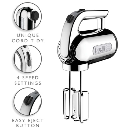Dualit Hand Mixer Chrome - 400W - Strong Grip Handle - Attachments Included - Integral Plug Storage - 4 Speed Settings - Repairable gears - Flat