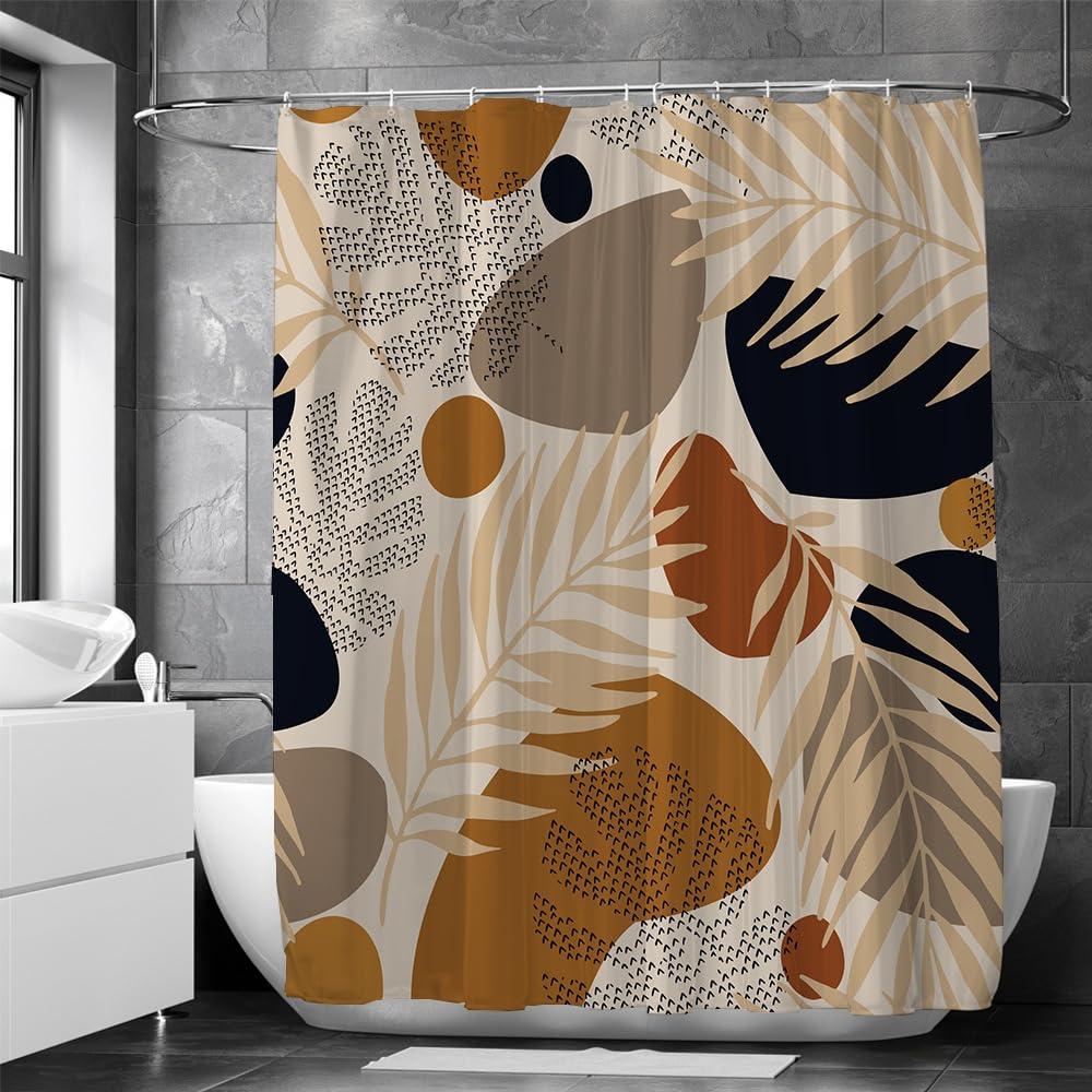 FLCSIed Boho Shower Curtain Modern Abstract Art Minimalist Plant Leaves Pattern Bohemian Shower Curtain Set with 12 Hooks for Bathroom Decor