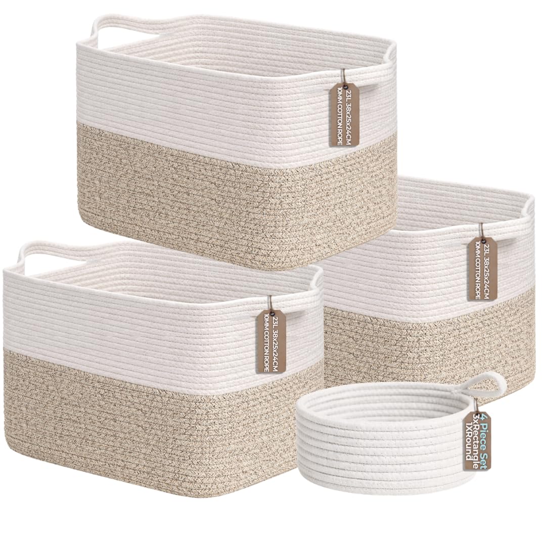 4pcs Cotton Rope Storage Basket – 3 Medium + 1 Small Woven Baskets with Handles for Living Room, Bedroom, Bathroom & Nursery – White & Beige