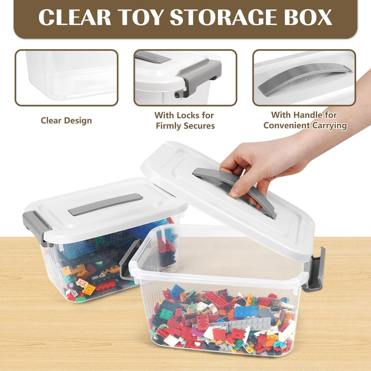 6 Pack Clear Storage Boxes with Lids, Plastic Storage Box with Handle