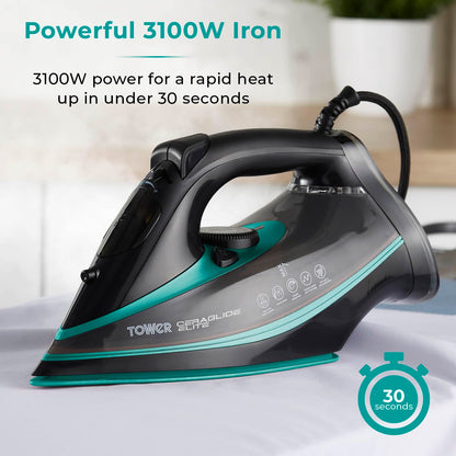 Tower CeraGlide T22013TL Ultra Speed Iron with Ceramic Soleplate Variable Steam Function, 3100W, Black & Teal