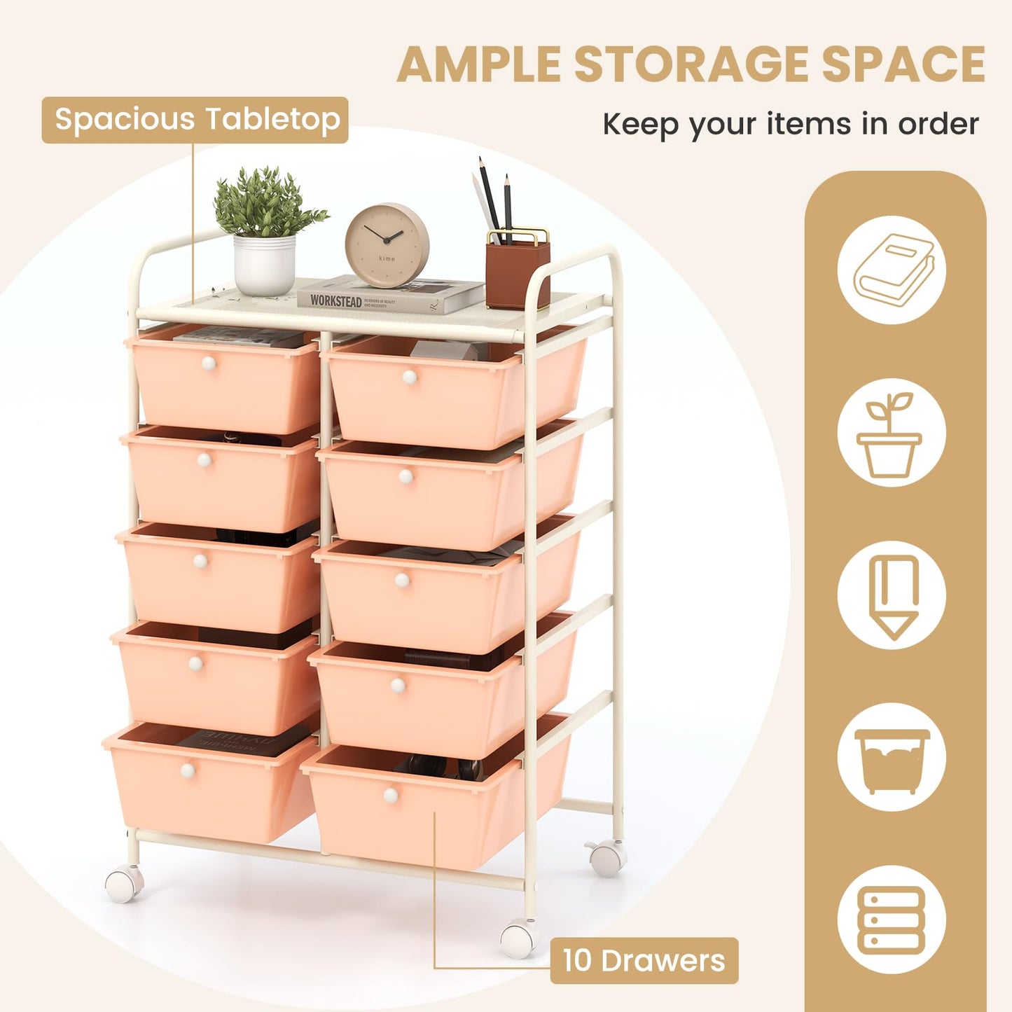 GiantexUK 10 Drawers Storage Cart, Mobile Rolling Storage Trolley with 4 Lockable Wheels & Handles