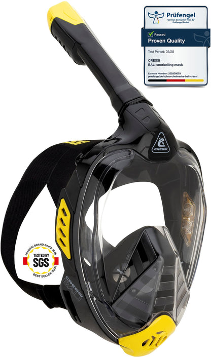 CRESSI Bali Full Face Mask Black/Yellow S/M - Unisex Integral Snorkel Mask, Anti Fog Clear Lens, 100% Silicone, Dry Snorkel with Float Valve, Action