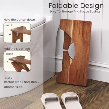 Fibogollo 40 cm Acacia Wood Toilet Stool Squat for Adults,Foldable Poop Stool for Bathroom,Portable Potty Step Stool with Non-Slip Strip,No Assembly