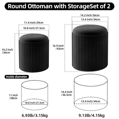 Caroeas Round Storage Ottoman Stools, Velvet Vanity Foot Stools with 300lbs