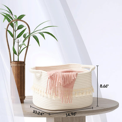 TeoKJ Storage Basket 38x25x22cm – Handwoven with Tassels, Rope Bin for Living Room, Bathroom, Decorative Woven Storage Solution White