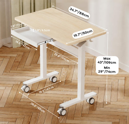 Mobile Standing Desk, Pneumatic Height Adjustable Desk, Light wood