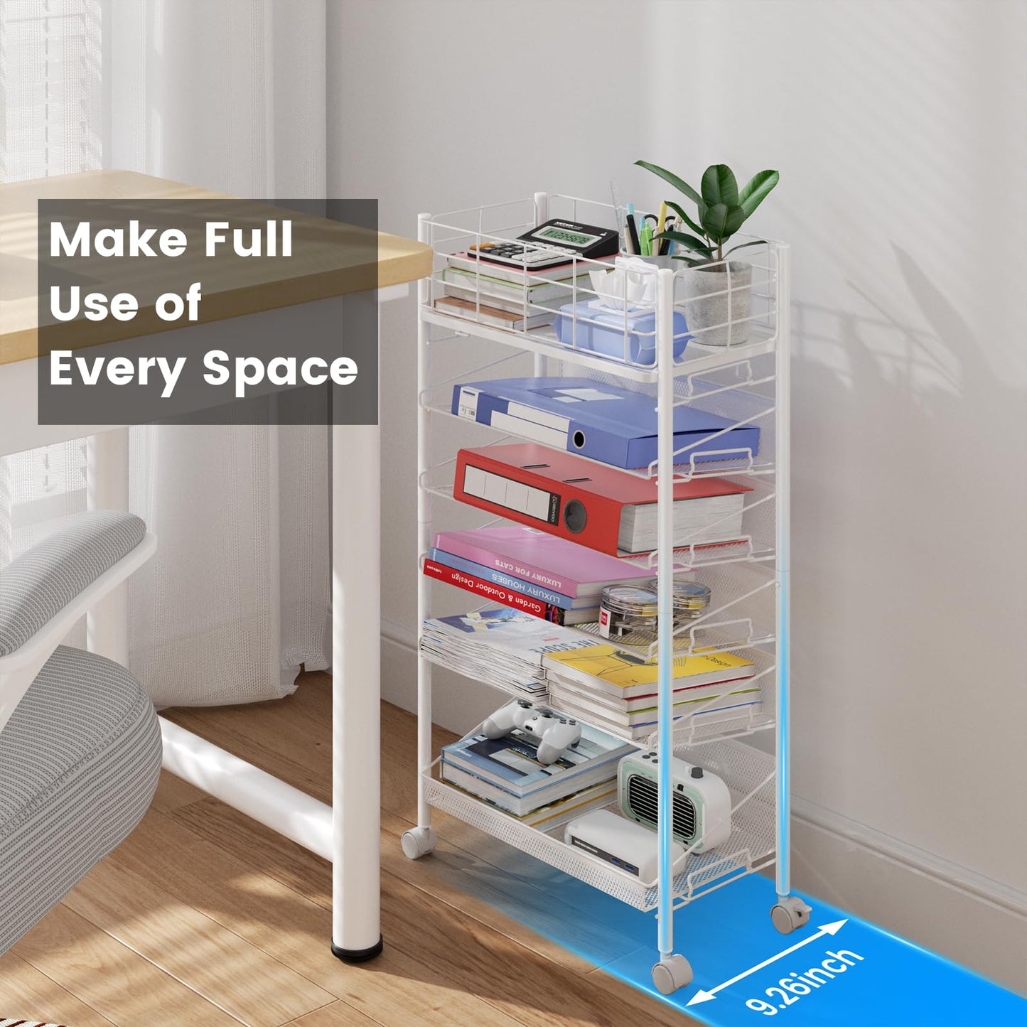 Mobile File Cart with Wheels, 6 Tier Metal File Cart Beside Desk, Mobile Book Cart with Wheels for Office, Home, School, Library, Teacher Room