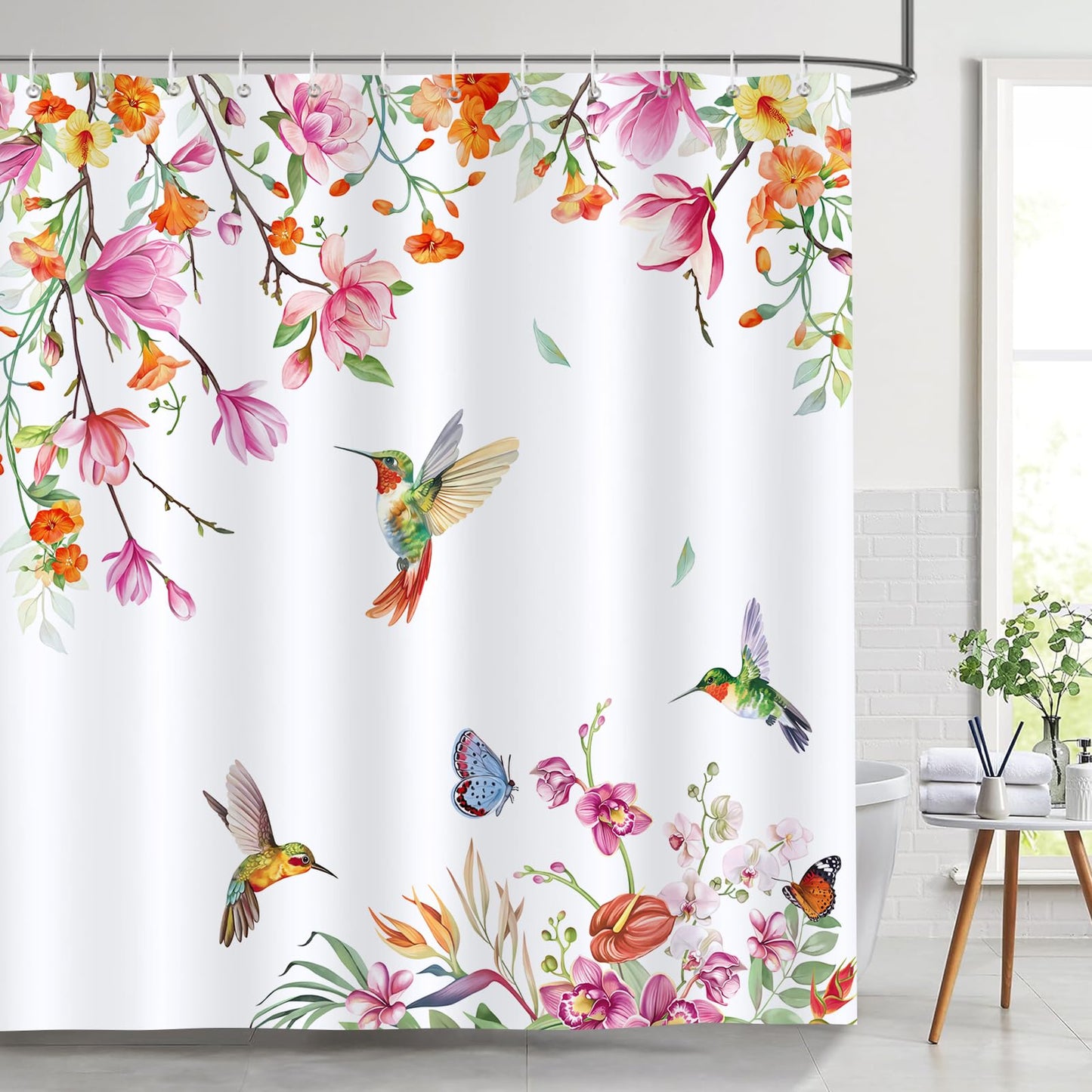 Bonhause Floral Hummingbird Shower Curtain Flower Birds Plant Spring Bathroom Curtain 180 x 180 cm Waterproof Mildew & Mould Resistant Polyester