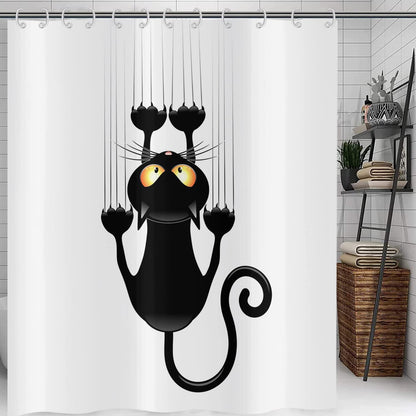 Hnmdmyi Funny Cat Shower Curtain 180x180, Black Kitten Scratching the Wall Bathroom Curtains Kids Cute Cartoon Animal Black and White Minimalism Art