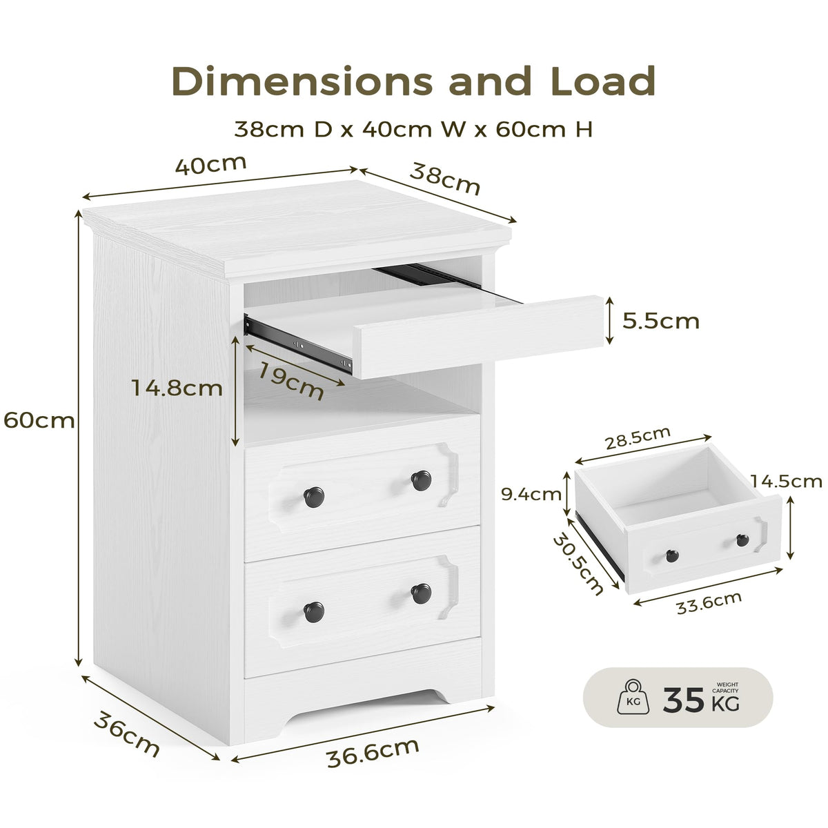 IRONCK Bedside Table Set of 2, Modern Nightstand with 2 Drawers, Open Shelf, End Table with Pull-Out Tray for Bedroom, Living Room, White