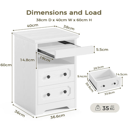 IRONCK Bedside Table Set of 2, Modern Nightstand with 2 Drawers, Open Shelf, End Table with Pull-Out Tray for Bedroom, Living Room, White