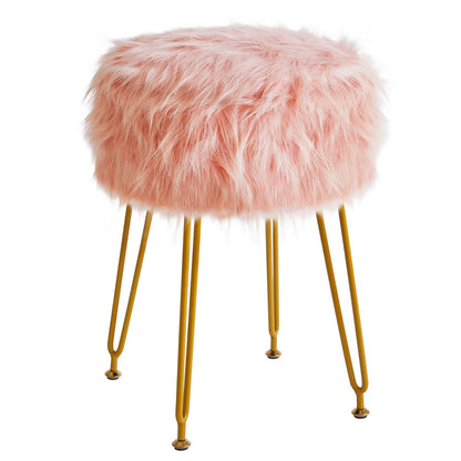 IBUYKE Round Faux Fur Vanity Stool with Storage, Makeup Chair, Pink WBD021P