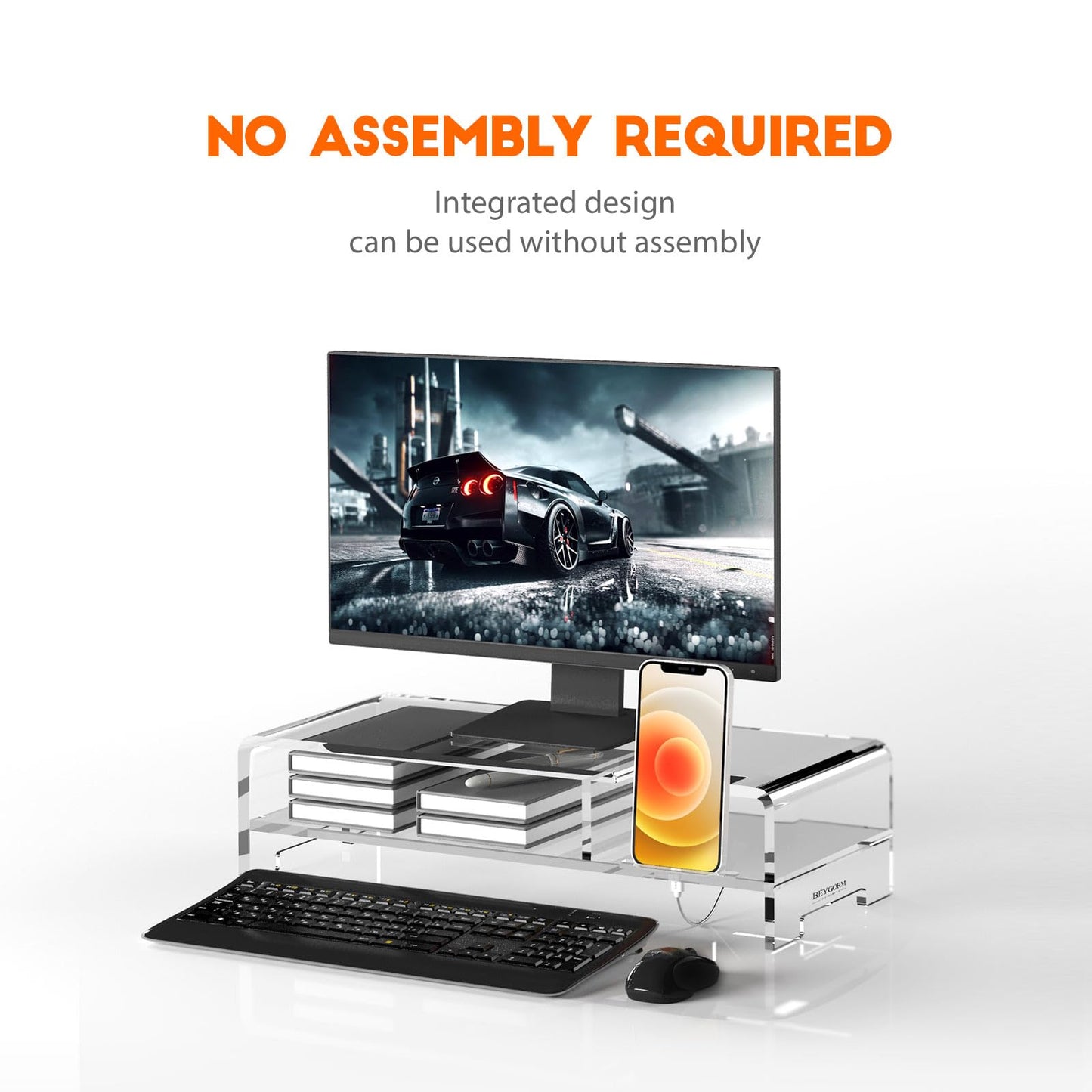 BEYGORM Acrylic Monitor Stand Riser, Wide 20", 2 Tier Computer with Storage, Desk Organizer Desktop Printer Laptop Storage Shelf Screen Holder Phone
