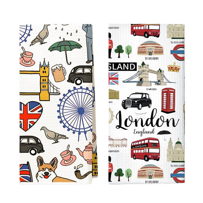 2 PCS London Tea Towels for Kitchen, Creative London Gifts Kitchen Towels, Absorbent Microfiber Dish Drying Cloth, Souvenir Kitchen Hand Towels