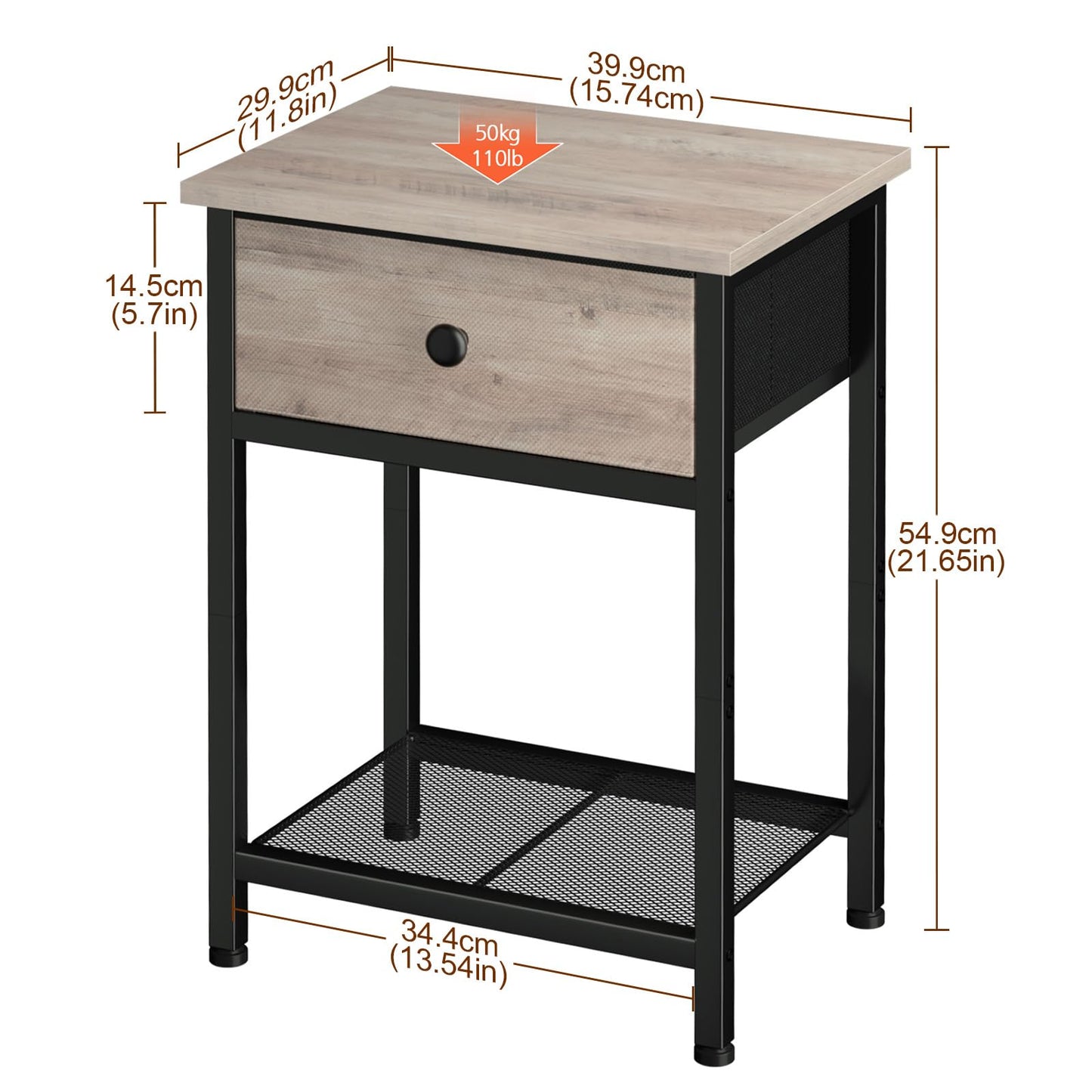 AMHANCIBLE Bedside Table, Side Tables Set of 2 with Fabric Drawer, Sofa Table with Storage Shelf, Nightstand with Metal Frame