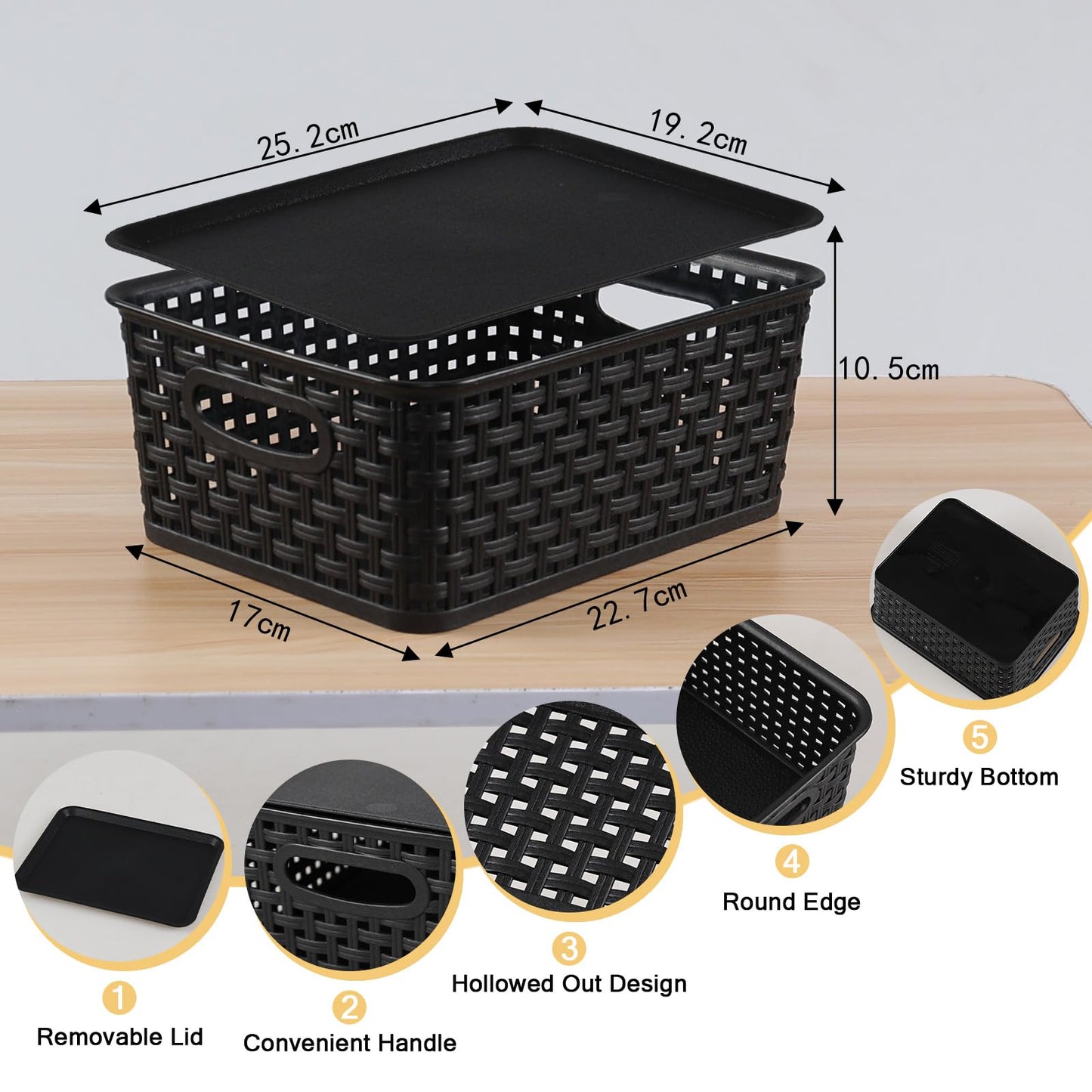 Aninhao Plastic Storage Basket with Lid, Kitchen Cupboard Organiser Baskets, Black, 6-Pack