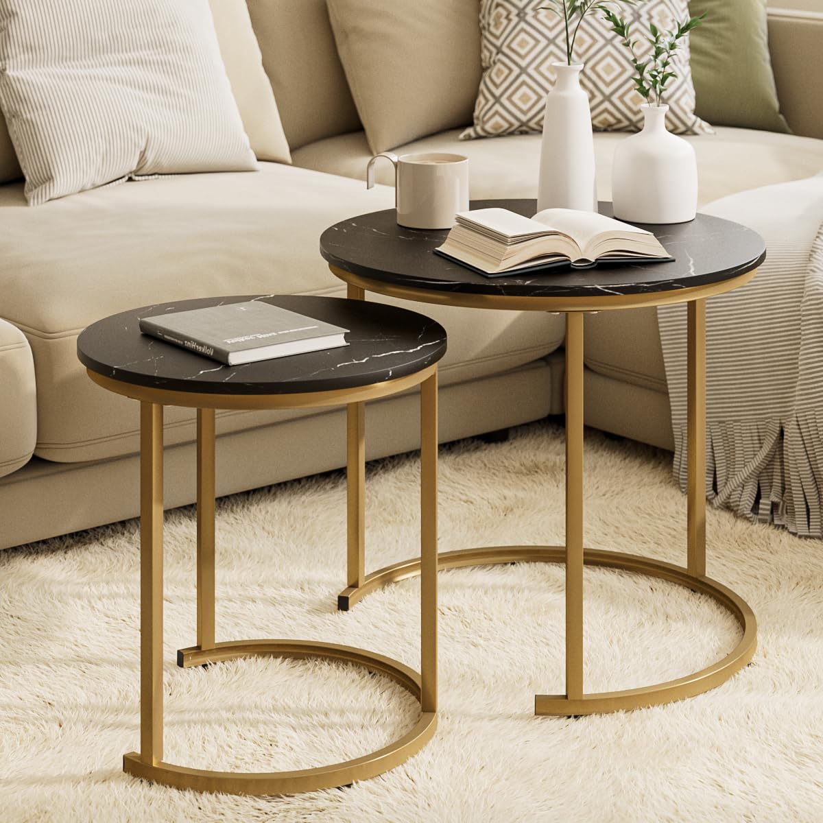 HEYZOEY Round Coffee Tables, Removable Set of 2 End Table, Nesting Table, Side Table with Gold Metal Frame Legs and Marble Black Top for Living Room