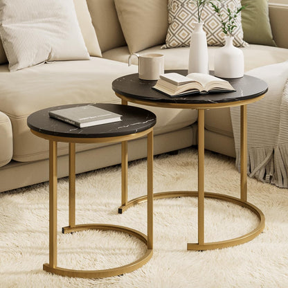 HEYZOEY Round Coffee Tables, Removable Set of 2 End Table, Nesting Table, Side Table with Gold Metal Frame Legs and Marble Black Top for Living Room