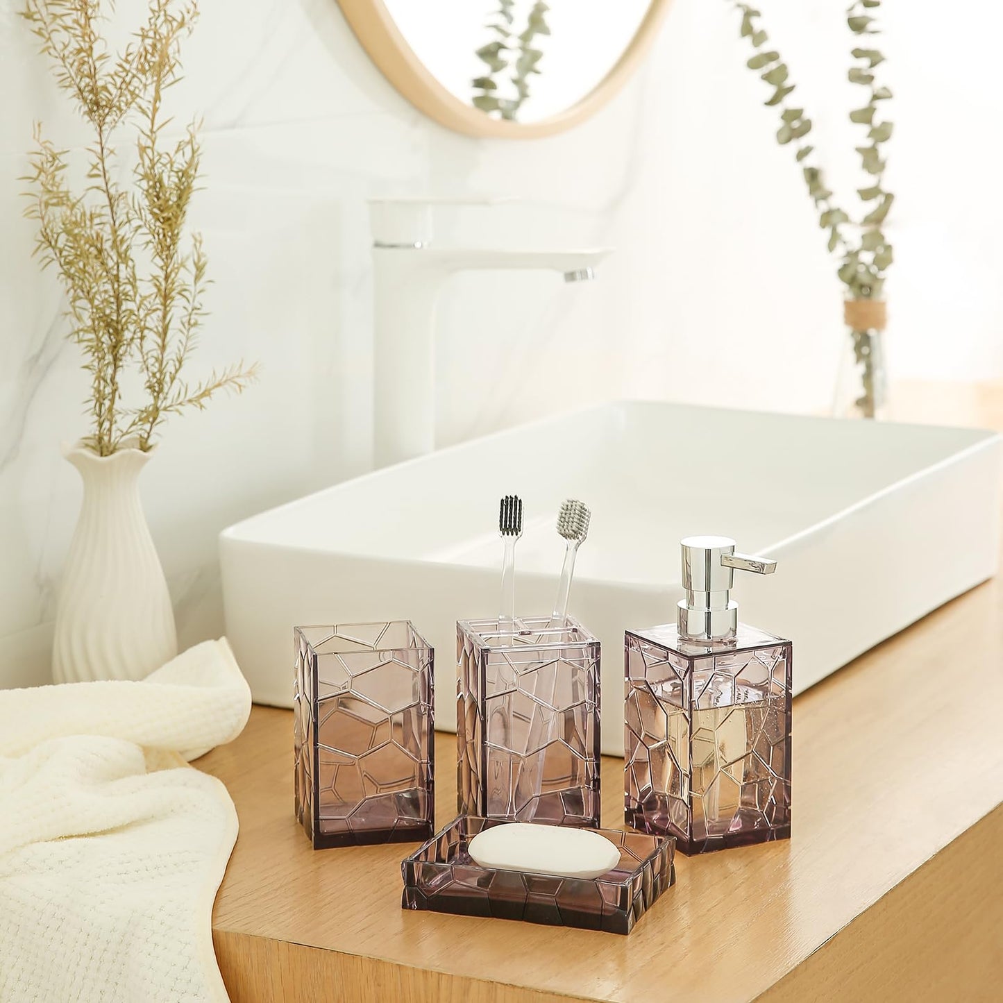 Clear Acrylic Bathroom Accessories Set - Rust-Free, Transparent Design - Includes Soap Dispenser, Toothbrush Holder, Cup, Soap Dish