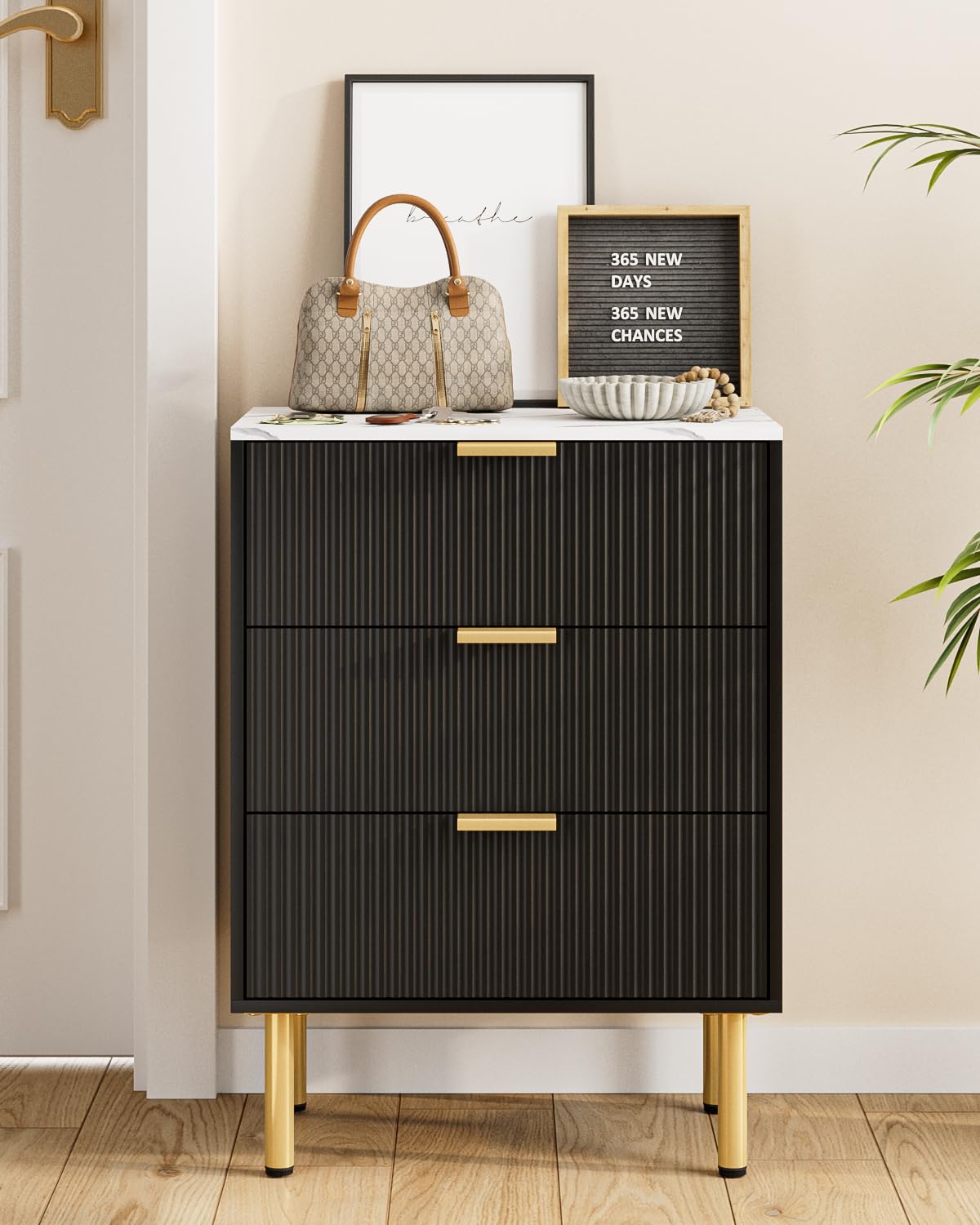 Apetaccat Bedside Table with 3 Drawers, Modern Bedside Cabniet with Metal Legs, Fluted Nightstand, Side Table for Bedroom, Living Room, Office, Black
