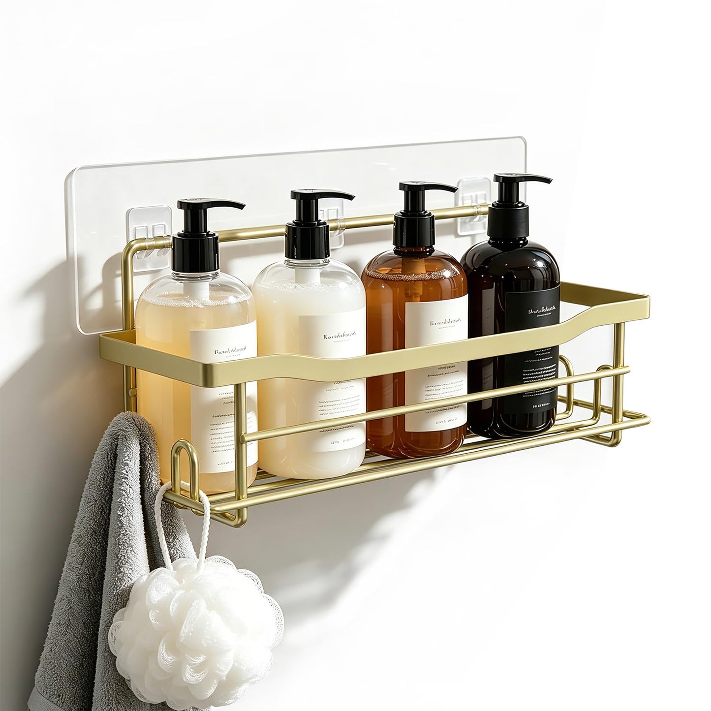 BATHDESIGN Shower Caddy Organizer, Single Pack, Shelves for Shampoo Soap, Waterproof Adhesive Holder, No Drilling, Wall Mounted Self, Matte Gold