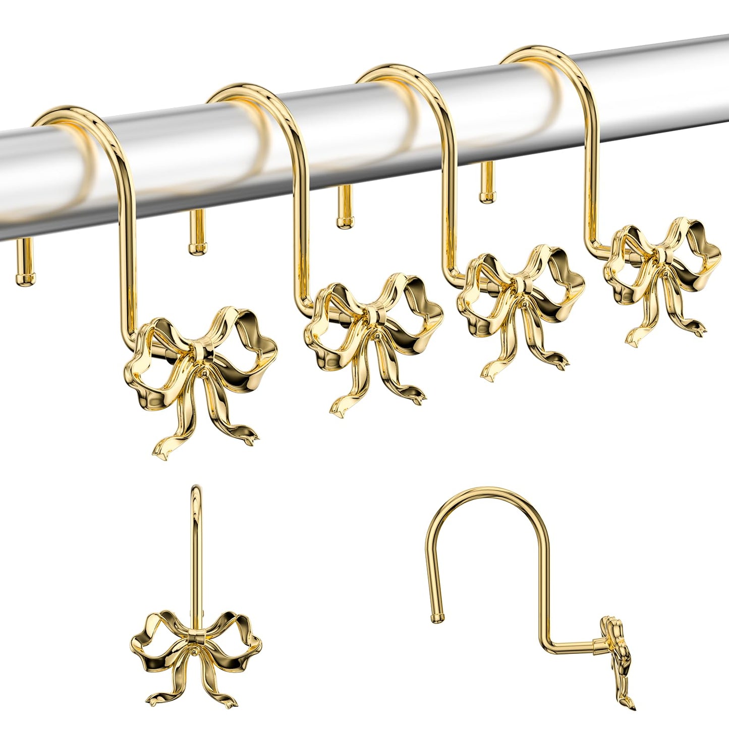 Minsezhi 24PCS Bow Shower Curtain Hooks,Shower Curtain Rings,Brushed Gold Shower Curtain Hooks,Rustproof Bow Knot Design for Bathroom Bedroom Living