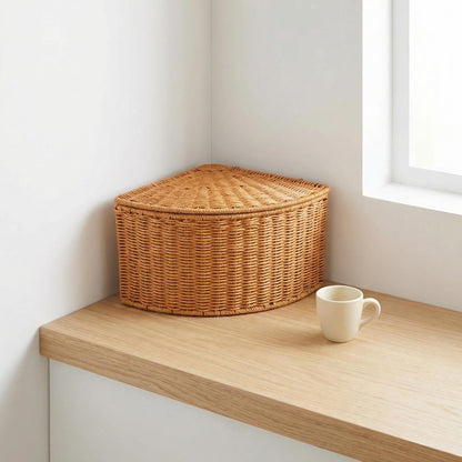 TOYANDONA Triangle Woven Basket Trays: Rustic Style Woven Imitation Rattan Basket With Lid Wardrobe Storage Bin Corner Laundry Hamper For Toys Snacks