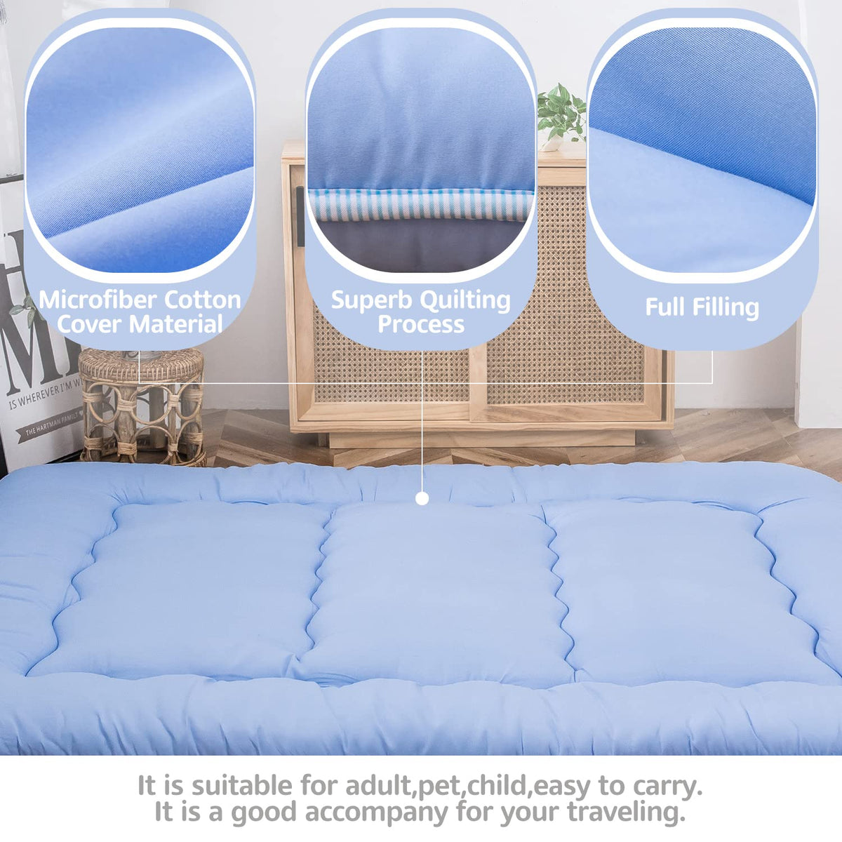 MAXYOYO Japanese Floor Futon Mattress, Thicken Tatami Sleeping Pad Foldable Roll Up Dormitory Mat Pad Floor Lounger Pillow Bed (Dusty-Blue, Double)