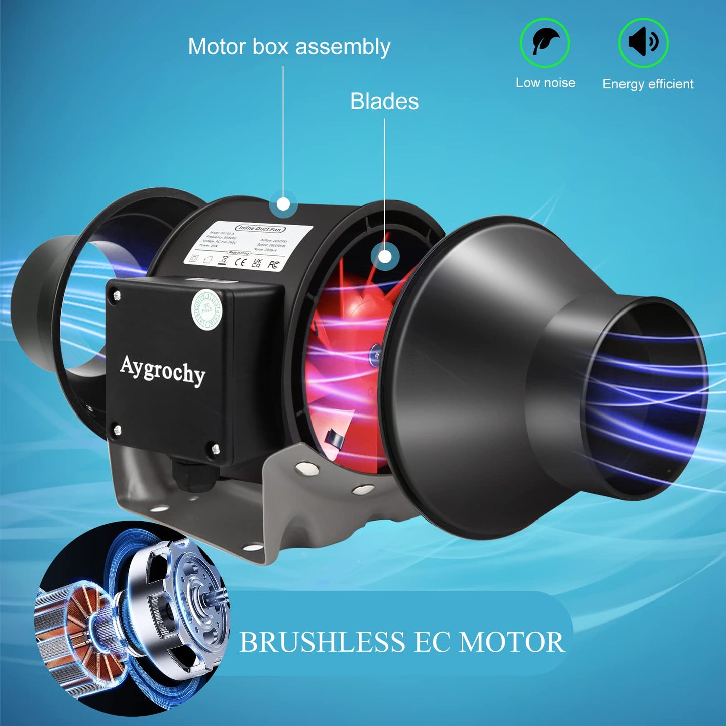 Aygrochy 6 inch Quiet Inline Duct Fan with Variable Speed Controller - Ventilation Exhaust Fan Using for Heating Cooling Booster, Grow Tents,